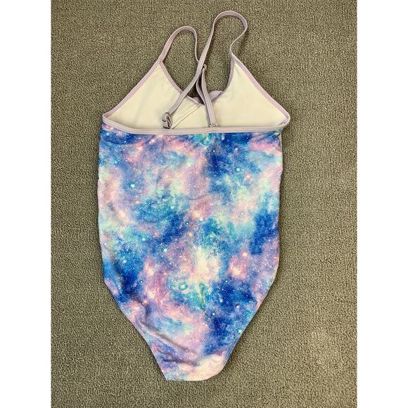 Girls One Piece Swimsuit Blue Purple Galaxy Print Ruffle Adjustable Straps Large - Picture 2 of 7